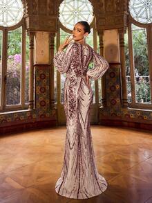 Faeriesty Women's Elegant Alluring Formal Party Maxi Dress, Sequin Patchwork Fishtail Hem Long Puff Sleeve Boat Neck Formal Gown, Suitable For Formal Parties, Galas And Celebrations - Burgundy - View 2