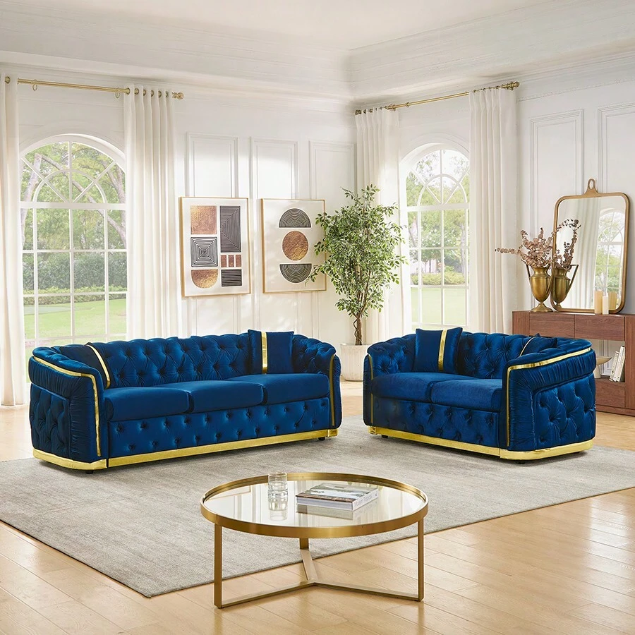 YOGLAD 1pc Luxury Italian Velvet Chesterfield Sofa Set 3+2 Seater, Split Living Room Sofa Couch With Gold Stainless Steel Trim, Button Tufted Curved Arm Velvet Sofa, Modern Light Luxury Upholstered Loveseater + 3-Seater Set With Throw Pillows For Home Living Room Apartment - 藏蓝色 - 查看 1