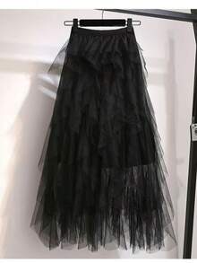 Elegantes schwarzes Tüll-Asymmetrisches A-Linien-Rock-Set, hohe Taille, für Hochzeit, Reise, Fotoshooting, Geschenk, Polyester, Lässig, Ganzjährig - Verschiedenfarbig - Übersicht 6