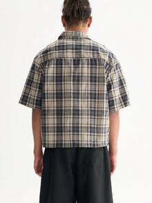 Men's Blue Cropped Plaid Shirt Cotton Summer Casual Oversized Streetwear - 藍色 - 查看 3