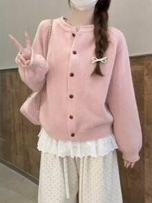 レディース ニット セーター カーディガン セーターコート 春 新作 トップス ロングスリーブニットカーディガン カジュアルトップス スクール風 韓国風スタイル ソフト 無地 可愛らしい おしゃれ 万能搭配可能若々しい印象 ギフト 春 秋 冬モデル - ピンク - チェックする 1