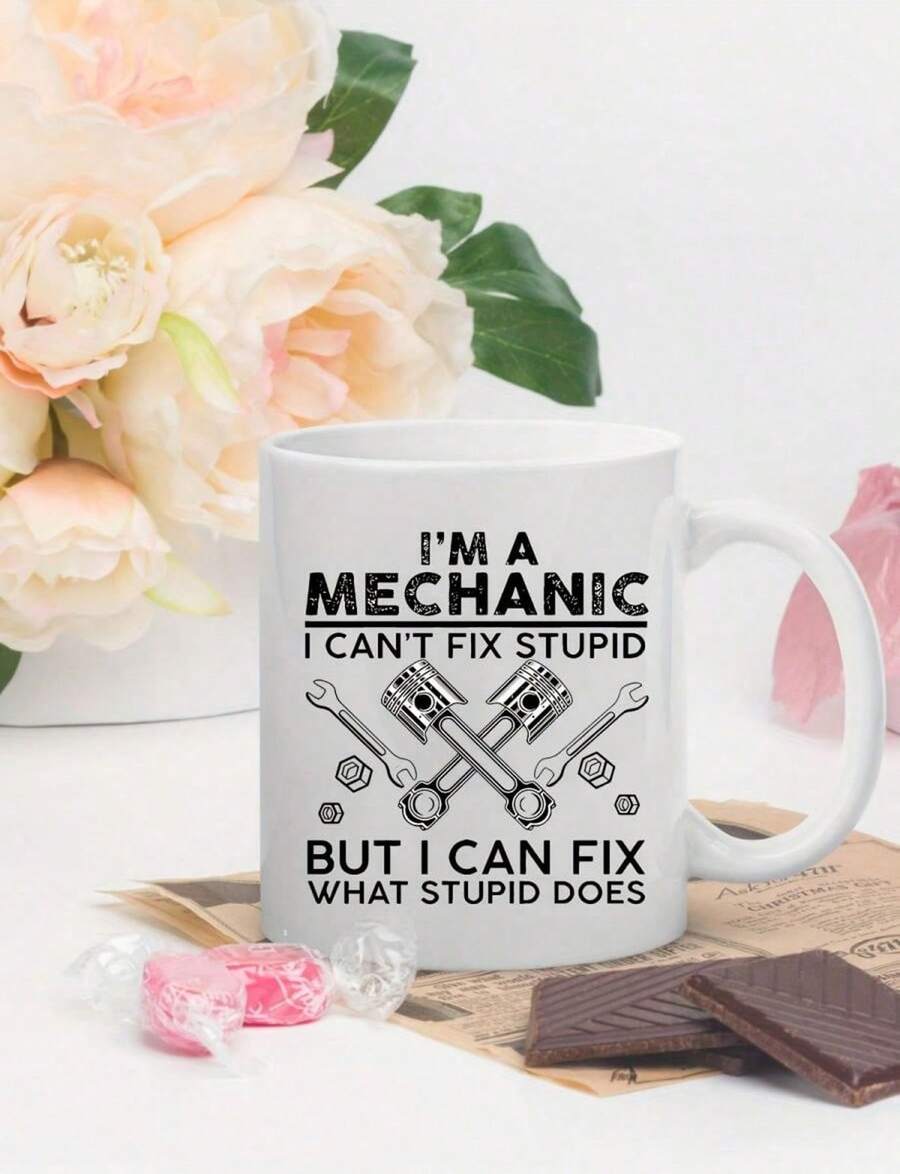 Taza de café con frases divertidas: Soy mecánico, no puedo arreglar la estupidez, pero puedo arreglar la estupidez. Taza de café para mecánicos de automóviles. Es una taza de agua personalizada y original, ideal para hombres y mujeres. Perfecta para - Blanco - Ver 1