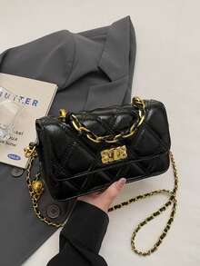 Fashionable High-Quality Quilted Embroidery Design Flap Metal Buckle Small Square Bag With Chain Strap, Elegant Shoulder/Crossbody Bag For Women - Black - View 9