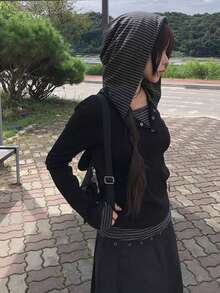 YCYC Kaos Lengan Panjang Berkerudung Kancing Motif Garis-garis Patchwork Gaya Korea Musim Gugur/Dingin untuk Wanita - Hitam - View 4