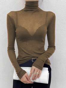 2025新款黑色高领女式打底衫，薄款网纱长袖T恤，秋冬款 - 卡其色 - 查看 2