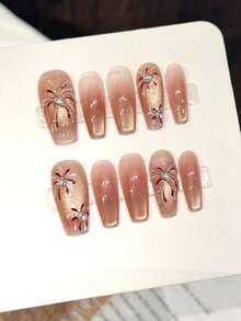 10PCS Pink Gradient Fake Nails With Cat Eyes Design And Rhinestone Decor For Party Wedding Festival Nail Supplies - Multicolor - View 4