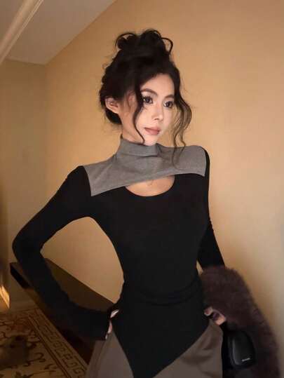 Asymmetrical Hollow Out Contrast Color Long Sleeve T-Shirt, Sexy High Neck Undershirt, Can Be Worn Outerwear, 2026 Spring New Women's Wear