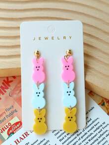 一对亚克力复活节兔子耳环，可爱粉蓝黄三色兔子设计，甜美有趣，适合作为女性礼物，节日饰品