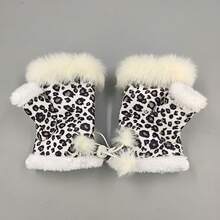 1 Pair Autumn Winter Fleece Lined Fur Half Finger Leopard Print Gloves Suede Faux Rabbit Fur Half Finger Gloves Women Winter Gloves Warm Gloves Outdoor Casual Fashion Personality Versatile Work Fingerless Touchscreen Gloves - 白色 - 查看 7