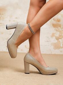 女士闪亮厚底坡跟圆头套脚高跟鞋，舒适透气缓震鞋垫，性感夜店舞鞋，金色 - 金色 - 查看 2