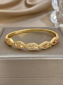 1Pc Luxury 18K Gold Plated Leaf Shape Bangle Bracelet, Full Crystal Pave Linked Design, Fashion Nature-Inspired Wrist Bracelet For Girl, Evening Party & Special Occasions, Chic Jewelry Gift For Birthday, Anniversary, Valentine's Day & Holidays - Multicolor - View 8