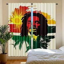 **Chill Reggae ** Style Curtains - Abstract Music Design With Sun, Palm Trees & Iconic Singer, Semi-Sheer Polyester, Machine Washable, Rod Pocket, Perfect For Spring Vibes, Living Room Decor - 彩色 - 查看 2