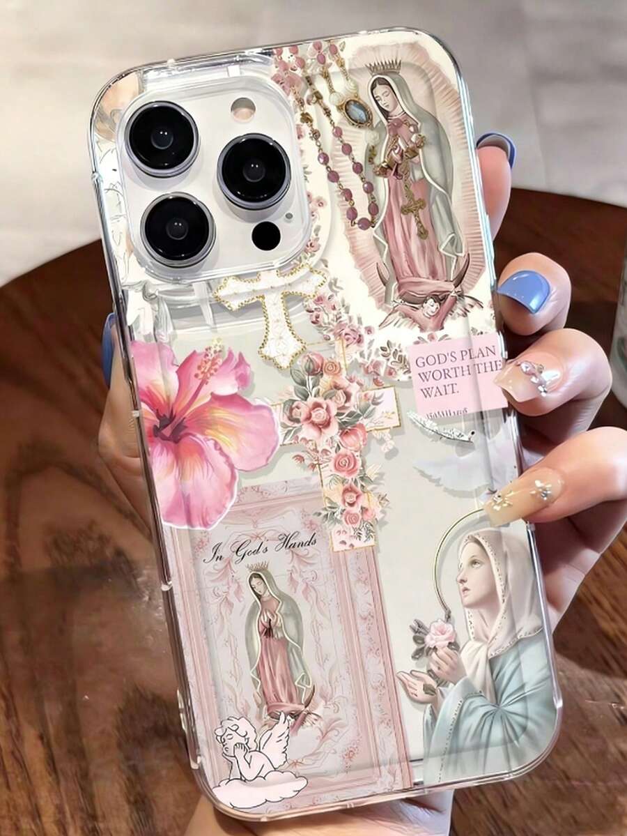 Religious 1pc Personalized Cross & Virgin Mary Graphic Phone Case, Suitable As Holiday Gift Compatible With Samsung, Apple XS/XS Max/XR/11/12/13/14/14 Plus/15/15 Plus/16/16 Plus/7/8 Plus/17/17 Pro And Other Models, Protective Cover - Multicolor - View 1