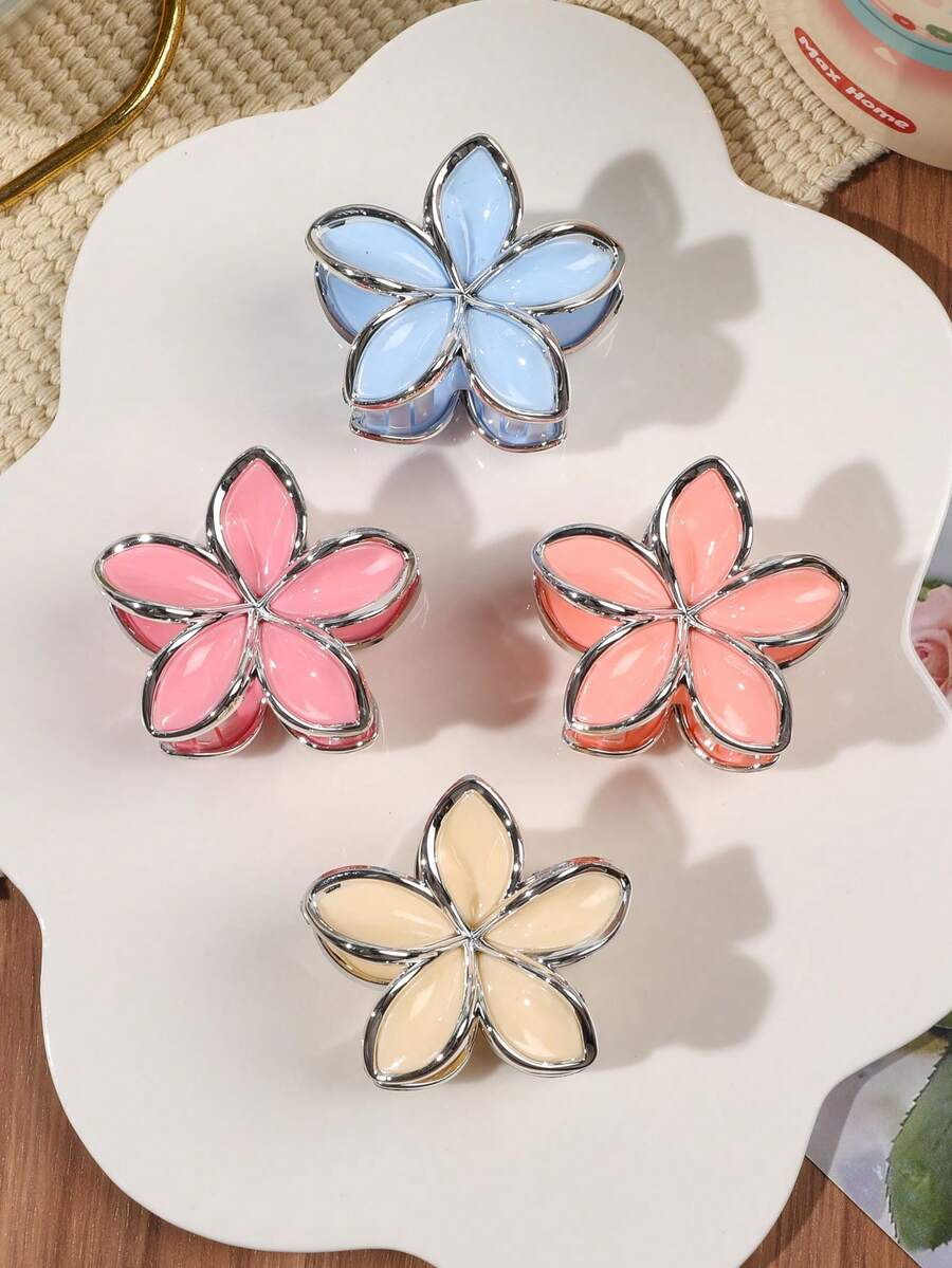 4pcs Bohemian Style Glossy Bright Light Color Metallic Silver Edged Daisy Flower Hair Clips, Delicate Minimalist Elegant Small Size, Suitable For Beach Vacation Women Hair Accessories Elegant Hair Claws Fashion Claw Clip - Multicolor - View 1