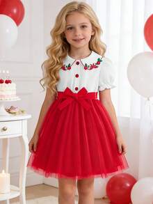 女童时尚撞色拼接连衣裙，清新草莓刺绣泡泡袖设计，配腰带，适合派对、户外休闲，尽显公主风夏季魅力 - 紅白色 - 查看 10