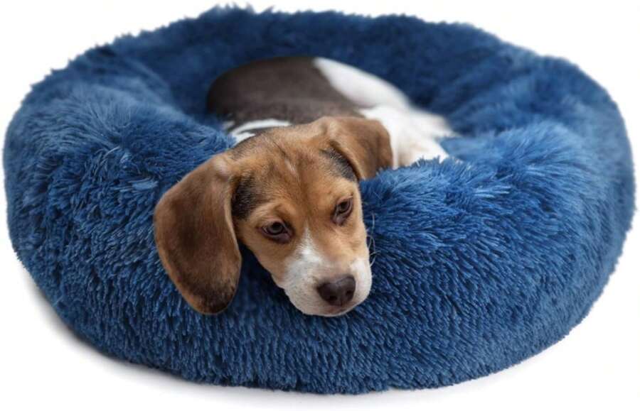 Calming Dog Bed For Medium Dogs Washable Donut 30 Inches Anti-Slip Pet Bed,Round Fluffy Plush Faux Fur Cat Bed,Fits Up To 45 Lbs Pets,Navy Blue - ColorL - 查看 1