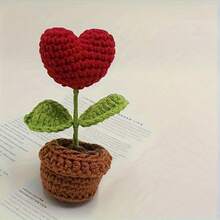 1pc Heart-Shaped Potted Plant, Fabric Artificial Peony Decoration |   Yarn Crochet: The Everlasting Love |   Qixi Valentine's Day/Mother's Day/Birthday Luxury Gift |   Time Collection Handmade Small Flower Pot Office Desk And Home Car Dashboard Decoration Perfect Choice For Home Decoration And Birthday Gifts Ideal For Valentine's Day, Christmas, Thanksgiving, Mother's Day Graduation Gifts And Home Decoration Crochet Flower - 紅色-1件 - 查看 5