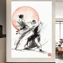 Framed 2D Flat, 1pc Framed Martial Arts Ink  Canvas Poster -  Martial Arts Scene With Red Circle Background, Ready-To-Hang Framed Wall Decor For Living Room, Office, Dojo, Birthday, Halloween, Housewarming - Modern/Classic/Contemporary Asian-Inspired Home Decoration Gift, Office Artwork, Traditional Japanese Art, Readytohang Artwork, 2D Flat Canvas S-FramedMartial - Arts Ink  Art, Posters And Prints, Living Room, Bar, Cafe, Birthday Gifts, Home Decor, Holiday - 框架 - 查看 4