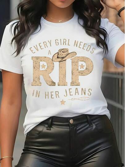 Women's Western Graphic Tee Casual Short Sleeve Crew Neck T-Shirt Vintage Cowboy Hat "Every Girl Needs A Rip In Her Jeans" Print Y2K Streetwear Top