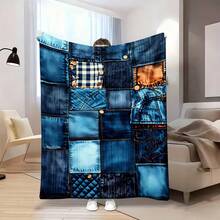 1pc Denim Patchwork Quilted Plaid Stitched Flannel Blanket| Soft Warm All-Season, Polyester, Ideal For Sofa, Bed, Office, Camping, Travel, Perfect Gift For Birthday, Anniversary, Festive Pattern, Home Decor - White - View 3