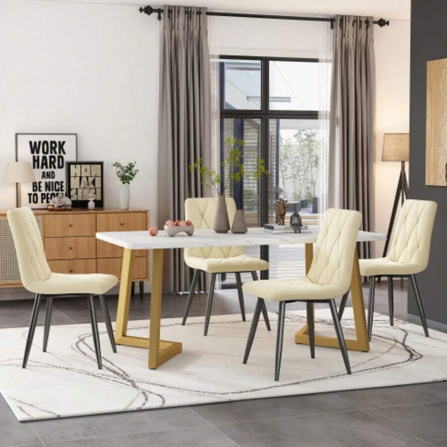 Dining Table Set (Set, 117*68 Cm Dining Table With 4 Chairs), Rectangular Dining Table, Modern Kitchen Table Set, Dining Chairs: Beige Velvet Twill Kitchen Chairs, Gold Table Legs - Beige - View 1