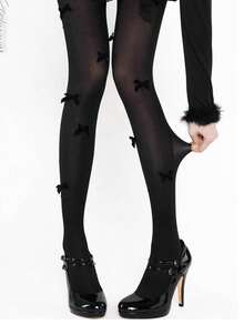 Autumn/Winter Velvet Bowknot Sheer Tights, Versatile Hosiery JK Style Cute Sweet Lolita Pearl Pantyhose Ballet Style Pure White Vertical Striped Leggings, Slimming - Multicolor - View 9