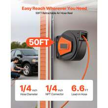 Bobina de manguera de aire retráctil, manguera de aire híbrida de 1/4 pulgadas x 50 pies Max 300PSI, bobina de mangueras de compresor de aire cerrada automática con pistola de plomo y soplado de 6,6 pies, montaje giratorio de 180 ° en el techo / pared - 1/4 pulgadas x 50 pies - Ver 2