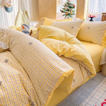 3/4pcs Striped Plaid Bow Duvet Cover Set, Super Soft Fiber Bedding Set, Ginger Color Duvet Cover, Delicate Heart Pattern, Suitable For Children, Teens, Adults (1 Duvet Cover + 1 Bed Sheet + 1/2 Pillowcase, Excluding Filler)