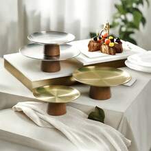 1个木质底座不锈钢餐盘，适用于餐桌、餐厅、厨房、派对、生日等场合 - 木高腳金托盤 - 查看 7