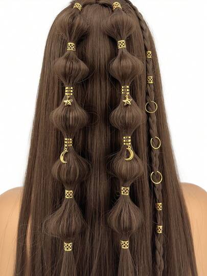 44 piezas Conjunto de coleteros con estampado de estrellas y lunas, accesorios únicos de oro para rastas, decoración de coleteros para trenzas, adecuado para maquillaje y fiestas