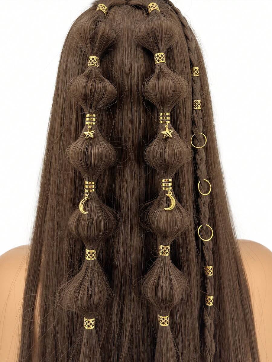 44pcs Star & Moon Pattern Hair Scrunchies Set, Unique Gold Dreadlock Hair Accessories, Hair Scrunchies Braiding Decor, Suitable For Makeup And Party - Gold - View 1