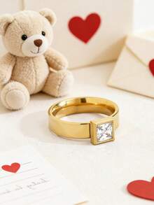 TONSI 1枚奢华简约高端浪漫18K镀金不锈钢方形宝石戒指，结婚戒指，情侣戒指，送给朋友、情侣、情人节的礼物，情侣珠宝礼盒