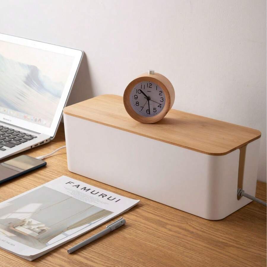 Caja de gestión de cables de escritorio minimalista de bambú con tapa, organizador para cables de alimentación, cargadores y otros cables