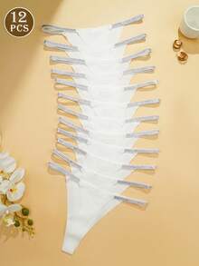 12 Pcs/Pack Sexy Low Rise Thongs Breathable Soft G-Strings Ladies Cozy Seamless Tanga Panties No Show Knickers Women's Comfortable Underwear & Lingerie, White - White - View 5