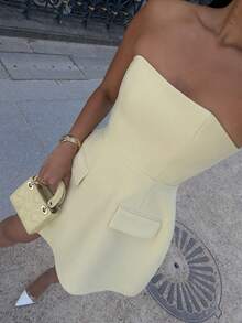 优雅派对礼服、精致通勤装、浪漫约会装、聚会装、假日无肩带收腰迷你连衣裙、女士优雅连衣裙、夏季假日装扮 - 黃色 - 查看 4