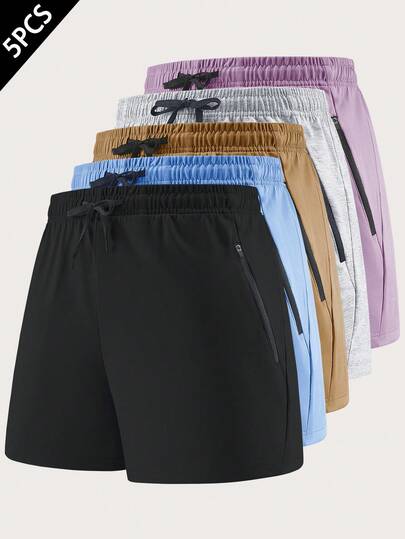 5 Packs Women's Breathable Knit Fabric Athletic Shorts, Lightweight Soft Workout Shorts With Zipper Pockets & Elastic Drawstring Waist, Moisture Wicking Active Shorts For Running, Jogging, Yoga, Fitness & Gym Activities