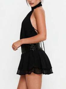 Women's Halter Neck Backless Dress Elegant Sleeveless Sequin Waistband Decorated Layered Dress For Cocktail Evening Wear - màu đen - Xem 2