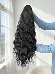 24英寸黑色爪形马尾假发，柔软逼真波浪形合成假发，女士适用 - 黑色 - 查看 5