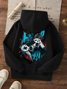 1pc Teen Boys Casual Printed Pullover Sweatshirt, Warm Lining, Long Sleeve, Autumn/Winter - Black - View 3
