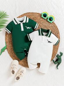 2pcs/Set Baby Boys' Polo Collar Dinosaur Print Short Sleeve Romper, Summer - Multicolor - View 1