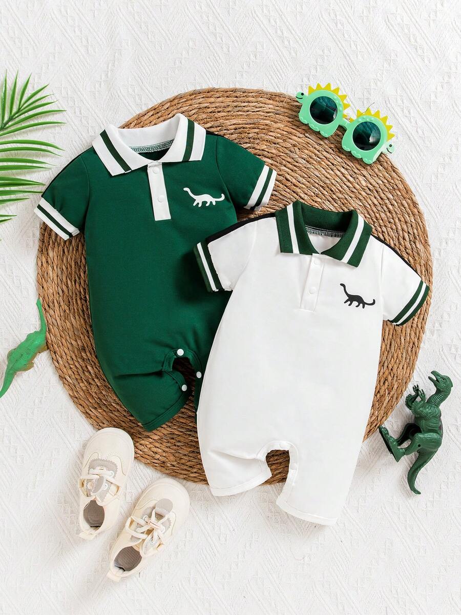 2pcs/Set Baby Boys' Polo Collar Dinosaur Print Short Sleeve Romper, Summer - Multicolor - View 1
