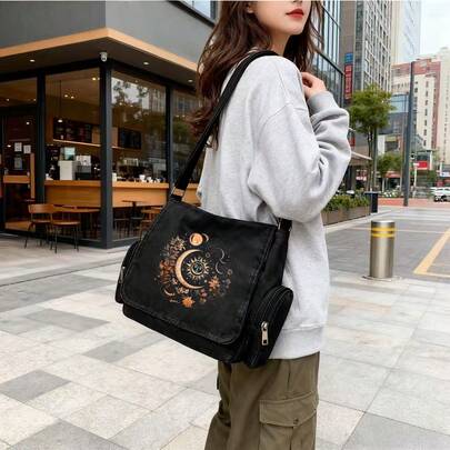 Large Capacity Shoulder Bag, Flap-Over Vintage Messenger Tote Bag, Moon, Star & Floral Pattern, Artistic Boho Style, Suitable For Daily Commute, Travel, Great Gift Choice