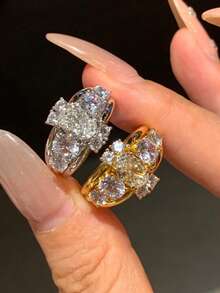 rundraw 1枚斋月必备新款几何立方氧化锆多层奢华铜金/银色可调节戒指，适合女性佩戴，适合派对、日常装扮，是节日和周年纪念日送给朋友和爱人的最佳礼物。 - 鋯石戒指 - 查看 2