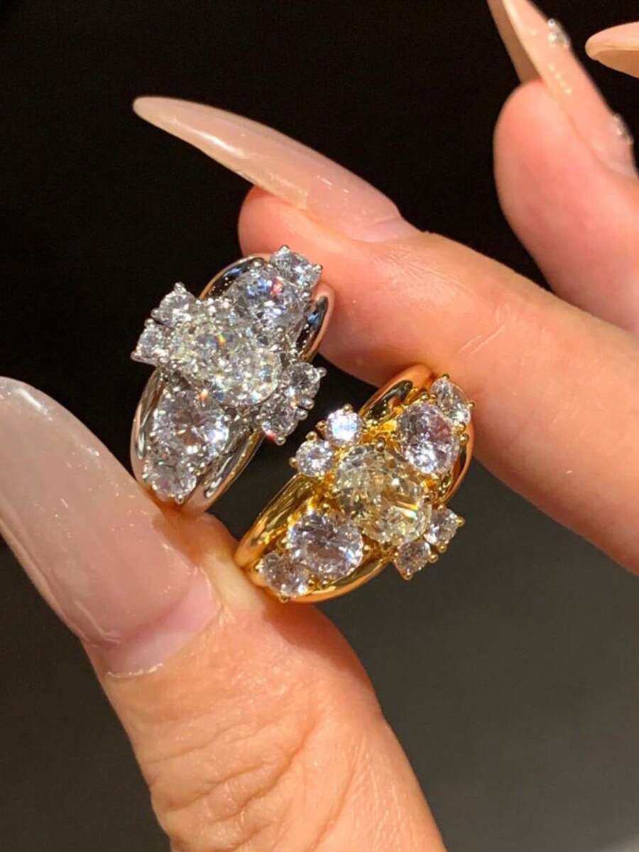 rundraw 1pc Ramadan Essential New Geometric Cubic Zirconia Multilayer Luxury Copper Gold/Silver Adjustable Ring For Women, Suitable For Party, Daily Outfit, Best Gift For Friends & Lovers On Holidays & Anniversaries - Ring - View 1