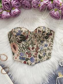 New Strapless Corset Top, Women's Jungle Print Bustier With Steel Boning, Waist Cincher Design - Apricot - View 7
