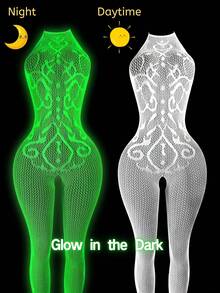 1 Piece Of Glow-In-The-Dark Fishnet Bodysuit, Open-Crotch Sheer Mesh Bodysuit With Light-Up Mesh, Women's Sexy Lingerie, Women's Erotic Bodysuit, Women's Glow-In-The-Dark Party Lingerie, Role-Play Costumes, Exotic-Style Apparel, Erotic Bodysuits, Bodysuits, Women's Sexy Bodysuits, Valentine's Day Lingerie - trắng - Xem 1