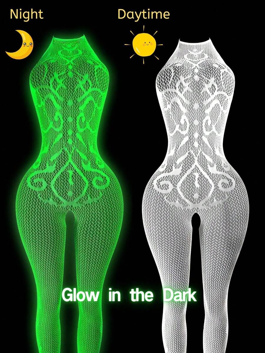 1 Piece Of Glow-In-The-Dark Fishnet Bodysuit, Open-Crotch Sheer Mesh Bodysuit With Light-Up Mesh, Women's Sexy Lingerie, Women's Erotic Bodysuit, Women's Glow-In-The-Dark Party Lingerie, Role-Play Costumes, Exotic-Style Apparel, Erotic Bodysuits, Bodysuits, Women's Sexy Bodysuits, Valentine's Day Lingerie - trắng - Xem 1