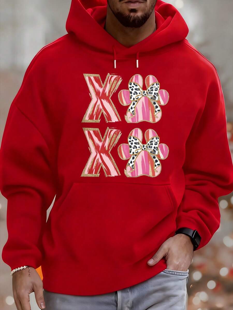 Sudadera con capucha para hombres, diseño de huella de pata Xo, leopardo y rayas rosas, top versátil casual de otoño e invierno, adecuado para ropa de ocio y deportiva, regalo de moda - Rojo - Ver 1