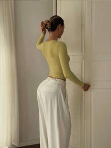 Basic Minimalist Crew Neck Double Layer Seamless Fitted Long Sleeve Top Casual Spring - Mustard Yellow - View 3