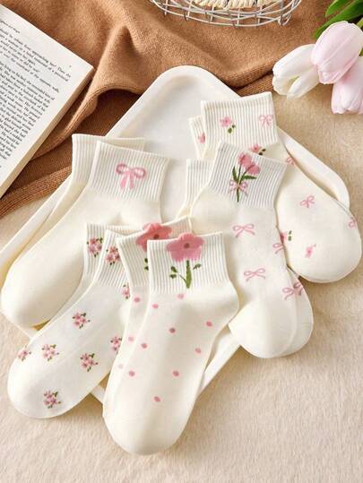 5 Pairs Of Teenage Mid-Calf Socks With Random Color Bowknot Polka Dot Floral Pattern, Suitable For Back-To-School, Daily Sports, Parties, Travel And Other Occasions, Soft And Comfortable, Are Essential Socks For Christmas, Halloween Decorations, And Autumn And Winter Warmth